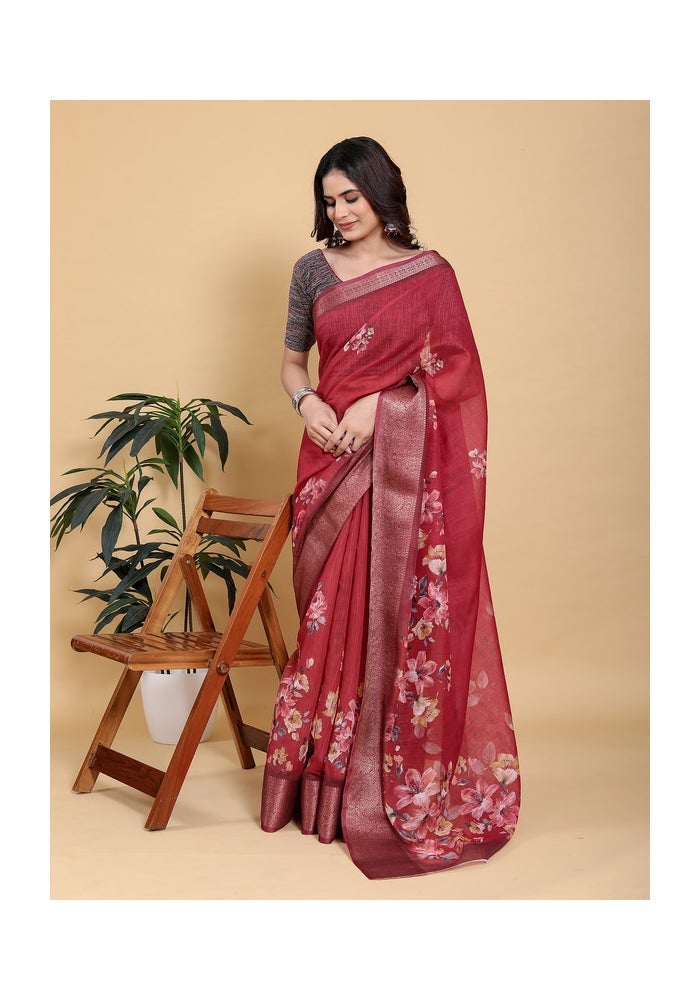 Malishka Export Rich Maroon Floral Print Saree for Women - Image 1